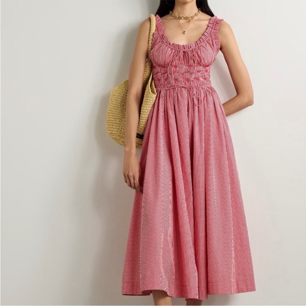 Doen Emmaretta Dress in Cerise Paris Gingham Sleeveless Smocked Midi Dress